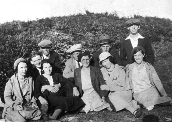 338: At the Wild Cove l-r front Mame Mulrooney, Liz Counsel, Bride Counsel, Mary Anne Barry, Betty Carroll,  l-r rear Maurice Lambe, Leo Greene, Jack Walsh, Mike Counsel, Pat Lambe. (circa 1935) [courtesy  of Della (Norman) O'Leary]  - Mame daughter of Patrick Mulrooney &amp;amp; Anastasia Walsh, married James Carroll;  Liz, Bride and Mike children of Thomas Counsel &amp;amp; Mary Cochrane, Liz married Michael Norman,  Mike married Mary Anne Barry;  Mary Anne daughter of Patrick Barry &amp;amp; Bridget Barron, married Michael Counsel;  Betty daughter of William Carroll &amp;amp; Ellen Norman, married James Spurvey;  Maurice and Pat sons of Patrick Lambe &amp;amp; Elizabeth Barry, Maurice married Angela Mulrooney,  Pat married Bridget Kerrivan;  Leo son of Joseph Greene &amp;amp; Mary Ann Fitzgerald;  Jack son of James Walsh &amp;amp; Mary Agnes Thorne, married Mary Anne Rodgers